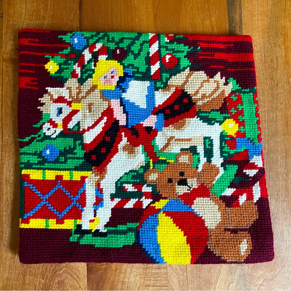 Vintage Handmade Needlepoint Christmas Toys Pillow Cover Red Velvet Small 9.5x10